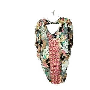 Bisou Bisou Pink Multi Floral Print Scoop Neck Scarf Accent Satin Blouse Large